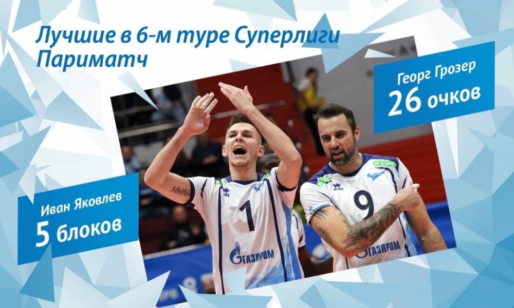 Игроки волейбольного «Зенита» Грозер и Яковлев стали лучшими в 6-м туре Суперлиги Париматч