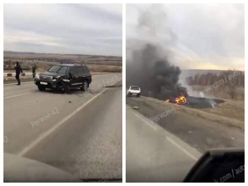 На кузбасской трассе автомобиль загорелся в результате ДТП