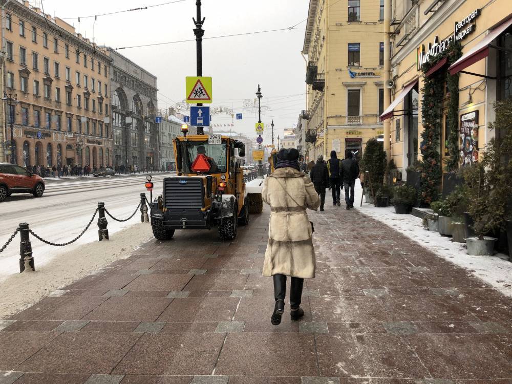 Дорожные рабочие очистили Невский проспект после снегопада