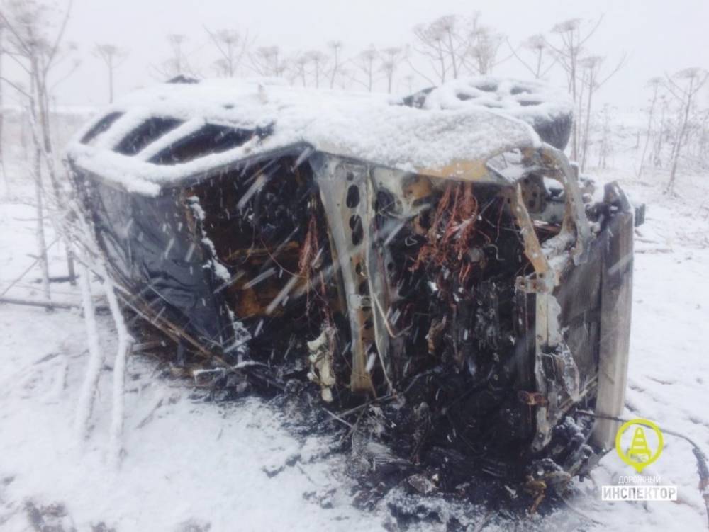Появились кадры сгоревшей машины с места смертельного ДТП в Ломоносовском районе
