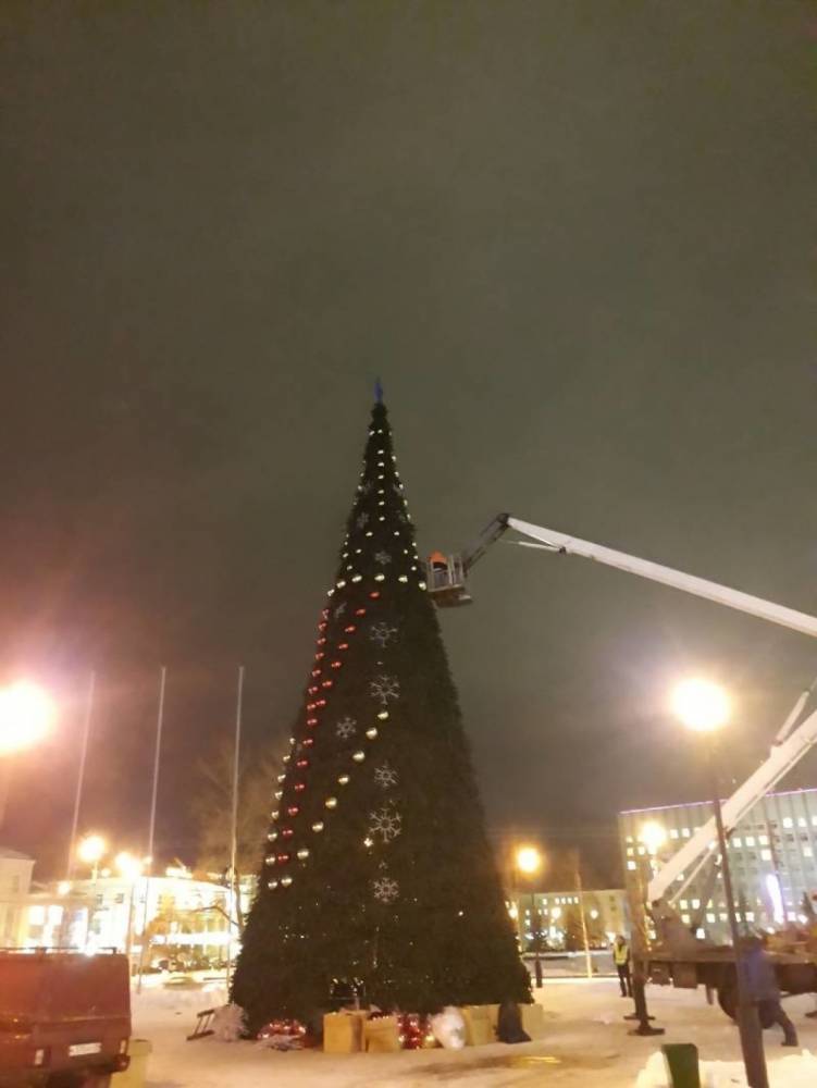 На площади Ленина в Архангельске начали наряжать главную елку