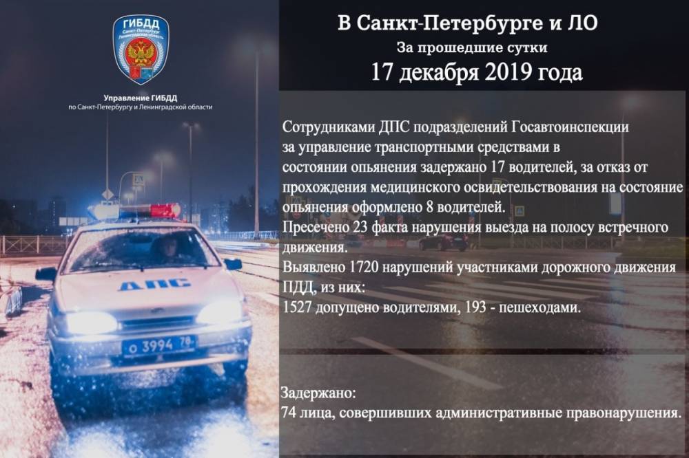 17 декабря на дорогах Петербурга и Ленобласти задержали 74 правонарушителя
