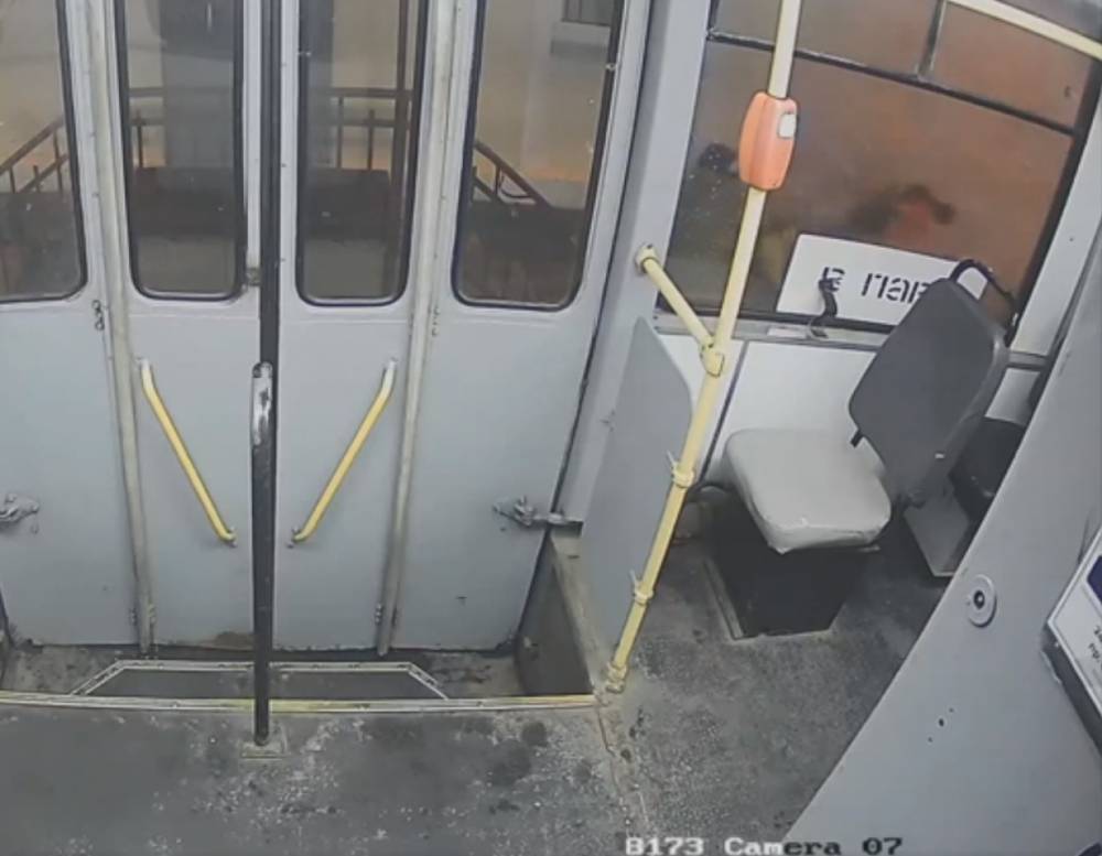 Появились кадры нападения с огнетушителем на кондуктора трамвая в Стрельне