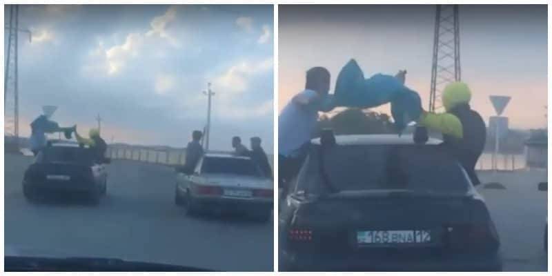 Пассажиры авто высунулись из окон и размахивали флагом в пригороде Актау (видео)