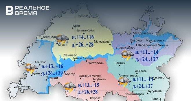 Сегодня в Татарстане ожидаются дождь, гроза, град и до +29
