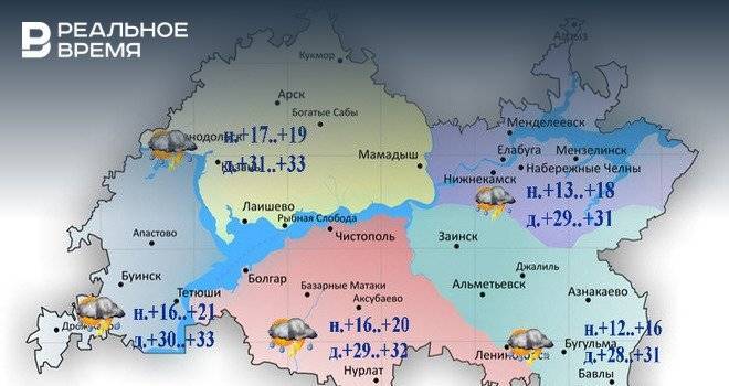 В воскресенье в Татарстане ожидается гроза, град и до +33°С