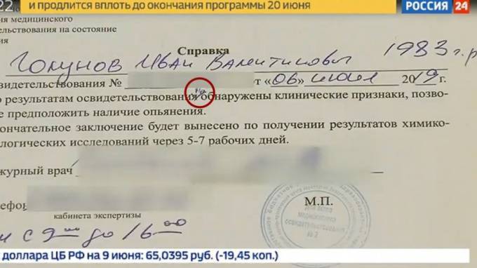 "Россия 24" сообщила об опьянении Голунова и показала справку об его отсутствии