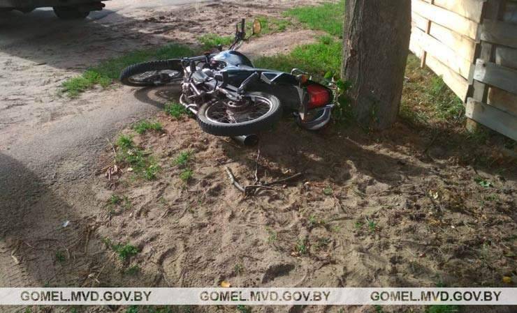 Под Светлогорском пьяный бесправник на мотоцикле, скрываясь от ГАИ, врезался в забор и дерево. Он — в реанимации, пассажир — в травматологии