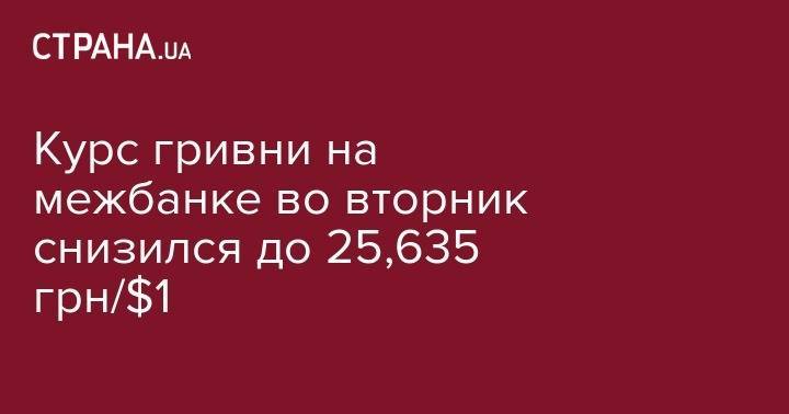 Курс гривни на межбанке во вторник снизился до 25,635 грн/$1
