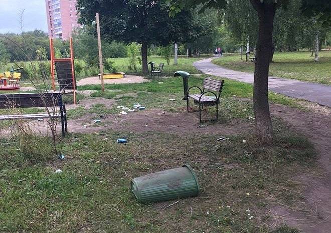Пьяные рязанцы поломали мусорные урны в Комсомольском парке