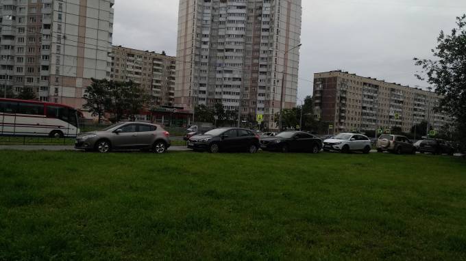 Петербургские водители на проспекте Наставников предпочли припарковаться на газоне