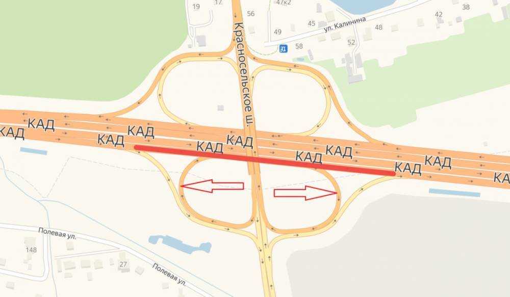 На развязке КАД с Красносельским шоссе неделю будут закрыты два съезда в Стрельну и одна полоса
