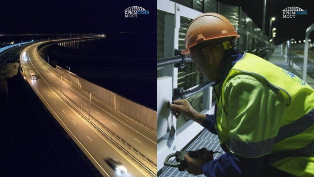 Первые фонари зажгли над железнодорожной частью Крымского моста
