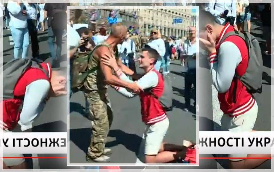 Житель Киева рухнул на колени перед боевиками АТО