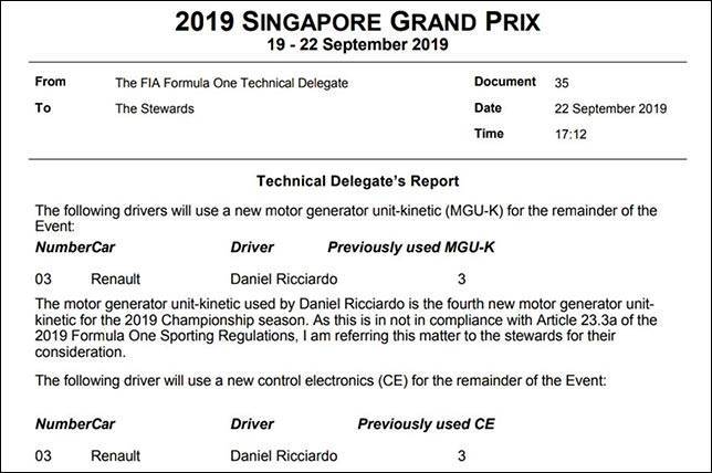 В FIA подтвердили замены MGU-K и СЕ на машине Риккардо