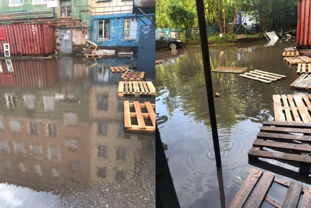 Мурманский двор на Володарского затопило после дождя