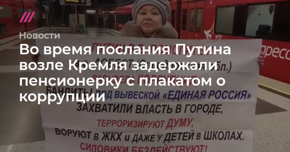 Во время послания Путина у Кремля задержали пенсионерку с плакатом о коррупции