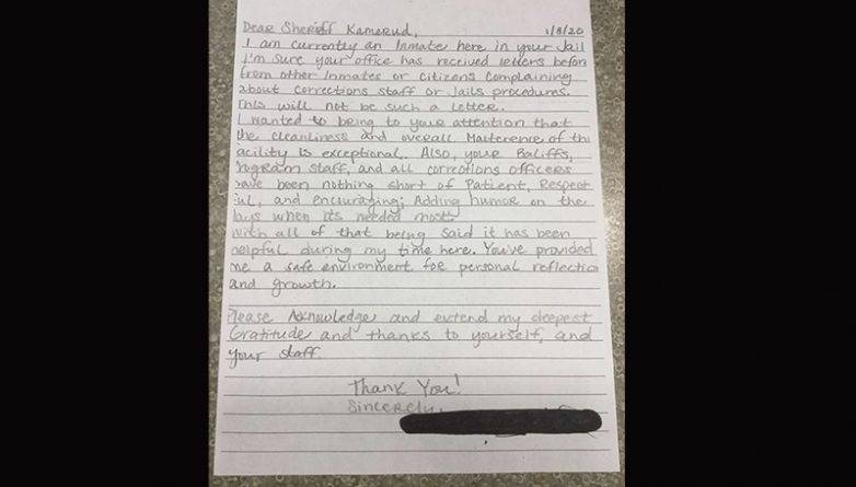 Заключенный прислал письмо шерифу, чтобы поблагодарить за то, как с ним обращались в тюрьме