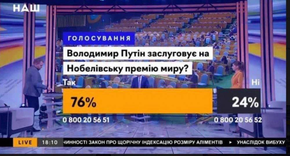 Зрада в прямом эфире: Большинство украинцев считают, что Путин заслужил Нобелевскую премию