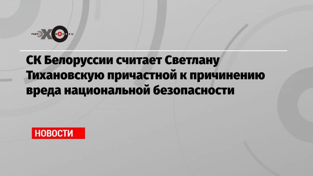 СК Белоруссии считает Светлану Тихановскую причастной к причинению вреда национальной безопасности