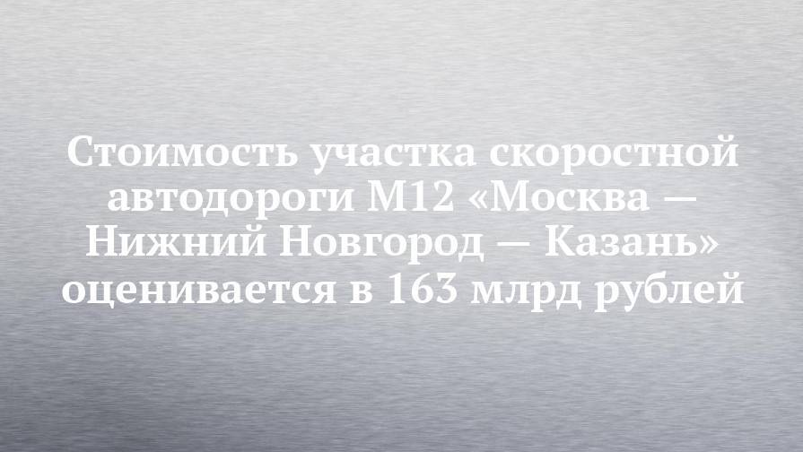 Стоимость участка скоростной автодороги М12 «Москва — Нижний Новгород — Казань» оценивается в 163 млрд рублей
