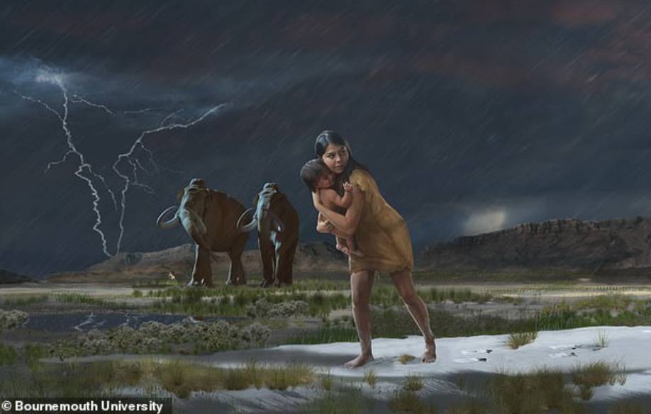Окаменевшие следы подсказали археологам, как женщина с ребенком убегали от хищников 13 тысяч лет назад