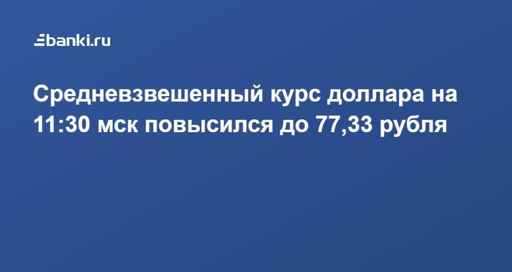 Средневзвешенный курс доллара на 11:30 мск повысился до 77,33 рубля