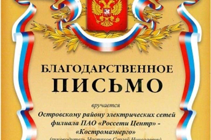 Островский РЭС получил благодарность за активное участие в добровольческой деятельности от муниципальных властей