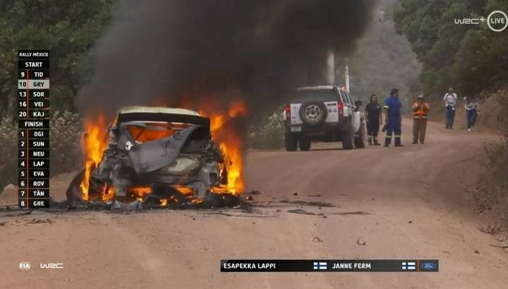 Во время Ралли Мексики у финского гонщика полностью сгорела машина. Видео
