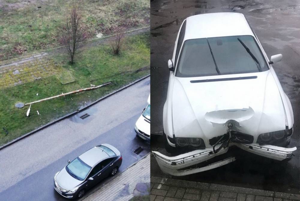 В Калининграде обнаружили поваленный фонарный столб и BMW с характерной вмятиной