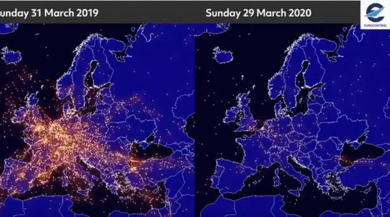 На кадрах со спутника – полеты самолетов над Европой в 2019 и пустота в марте 2020