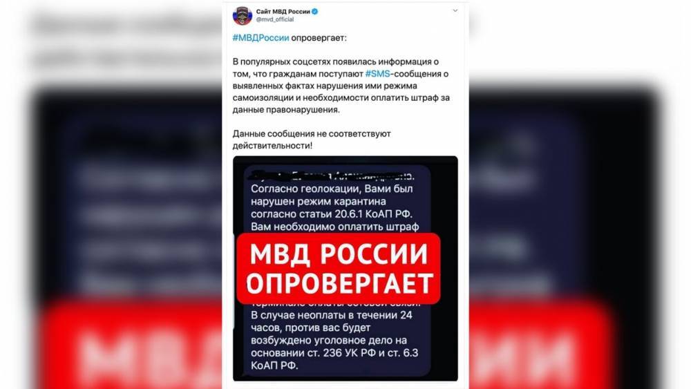 МВД предупредило россиян о рассылке фейковых SMS о штрафах за нарушение самоизоляции