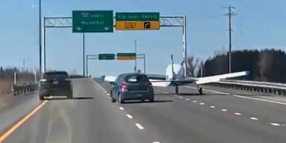 Видео: самолет совершил посадку на загруженном шоссе