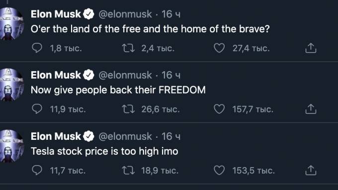 После Twitter-монолога Илона Маска акции Tesla рухнули