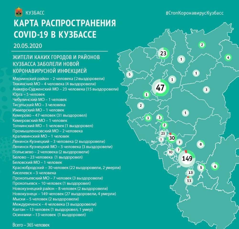 Опубликована карта распространения коронавируса в Кузбассе на 20 мая