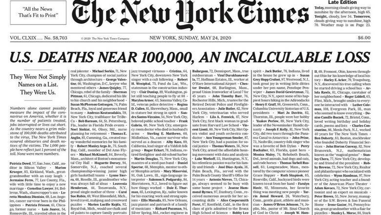 The New York Times опубликовала на первой полосе имена тысячи умерших