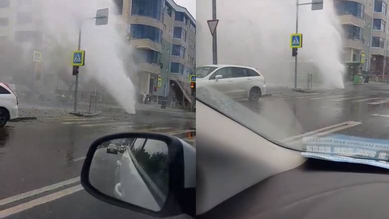 В центре Тюмени вода затопила дорогу