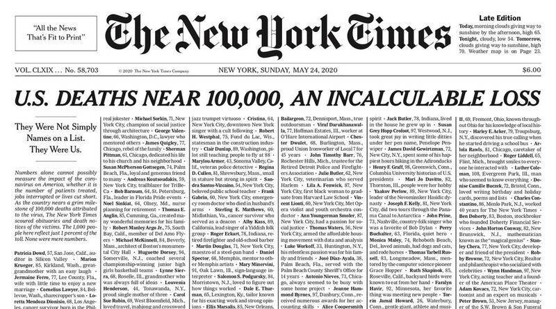 Вместо статей и фото: на первой полосе New York Times – имена умерших от коронавируса в США