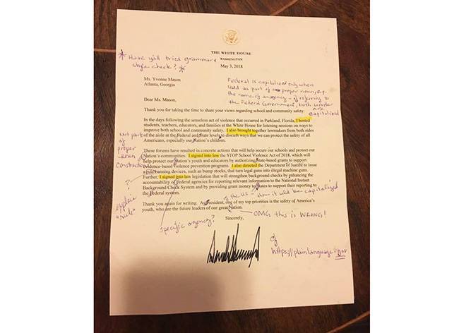 Учительница исправила ошибки в письме Трампа и отправила его обратно