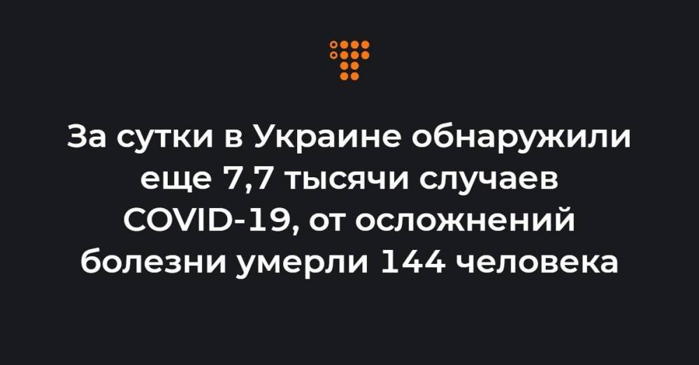 За сутки в Украине обнаружили еще 7,7 тысячи случаев COVID-19, от осложнений болезни умерли 144 человека