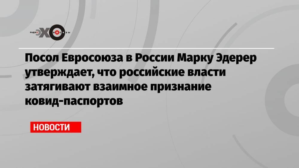 Посол Евросоюза в России Марку Эдерер утверждает, что российские власти затягивают взаимное признание ковид-паспортов