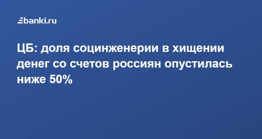 ЦБ: доля социнженерии в хищении денег со счетов россиян опустилась ниже 50%