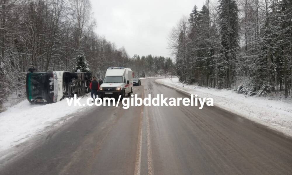 ГИБДД не нашла нарушений у водителя туристического автобуса, перевернувшегося на трассе в Карелии