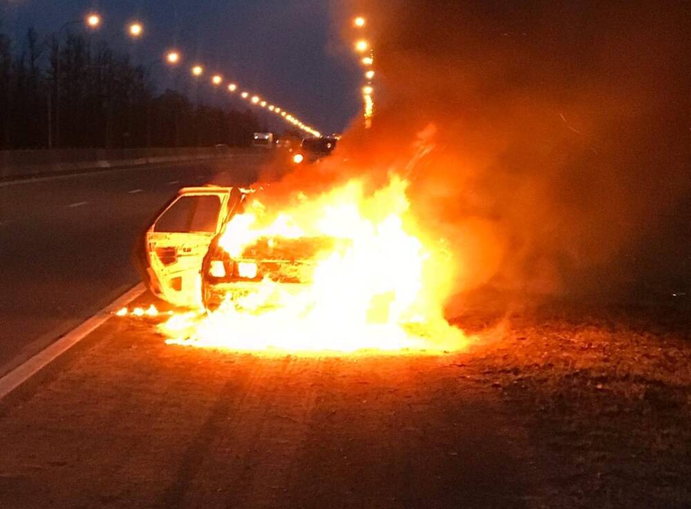 Легковушка сгорела дотла на Московском шоссе под Петербургом — видео