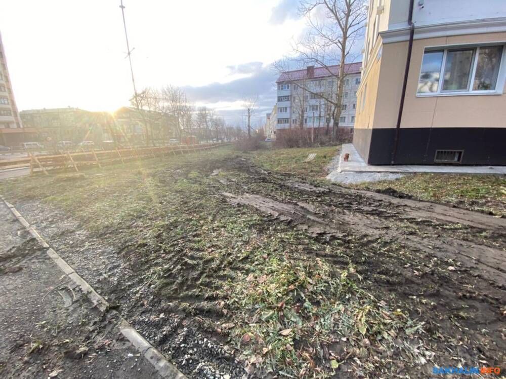 На проспекте Победы в Южно-Сахалинске повредили газон