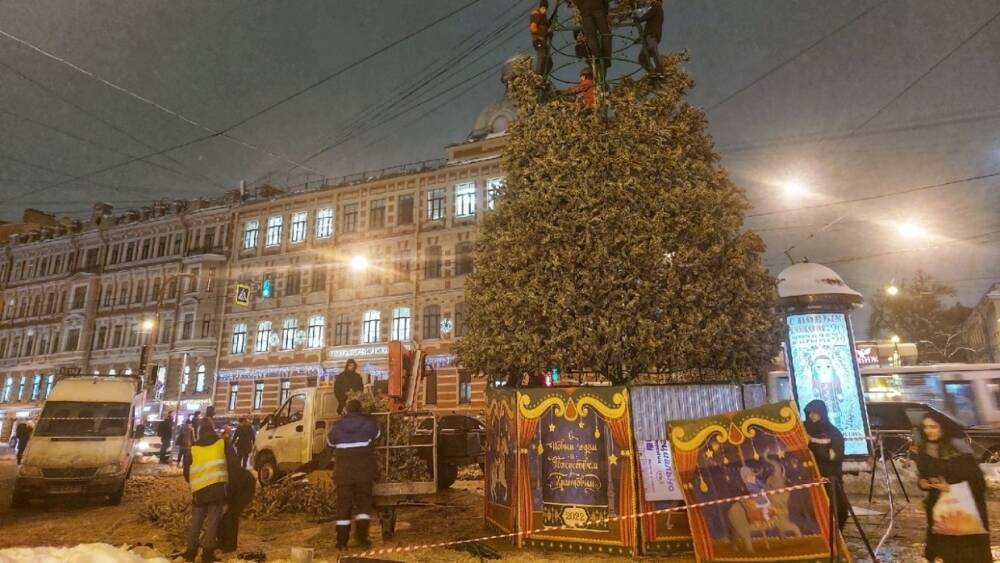 Слякоть и плохая уборка сугробов испортили установку новогодней елки в Петербурге