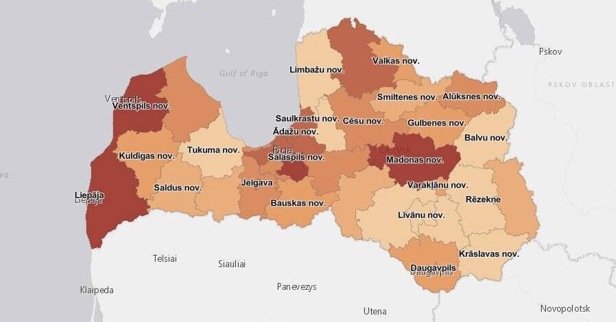Названы латвийские регионы с самой высокой заболеваемостью Covid-19