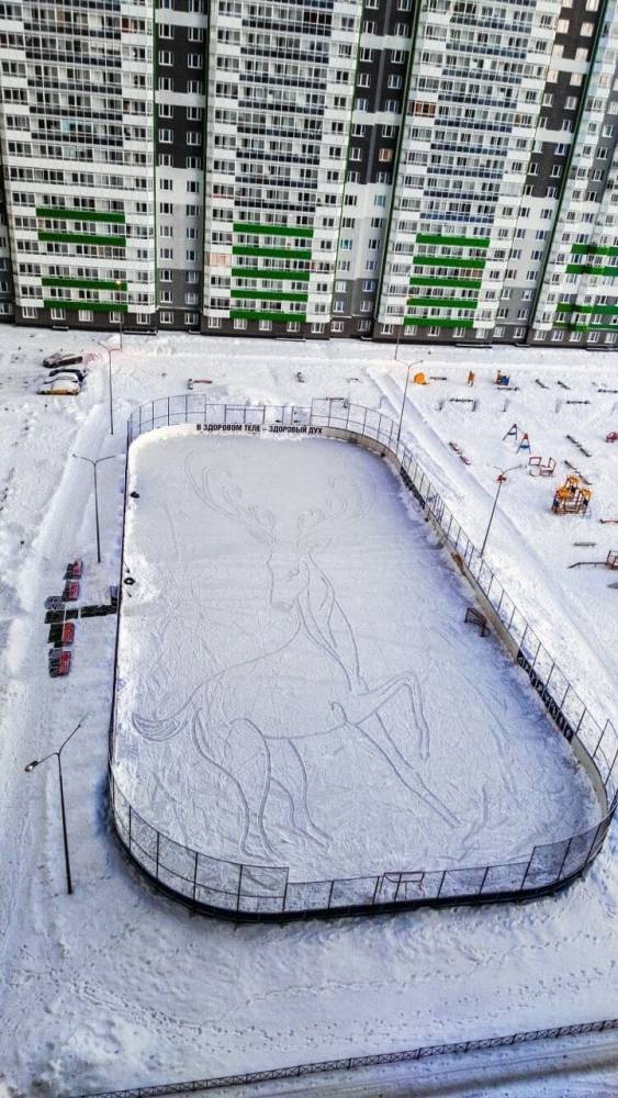 Житель Екатеринбурга рисует гигантские картины на ледовом корте