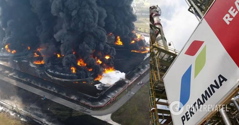 Пожар на нефтезаводе в Индонезии показали с дрона - видео