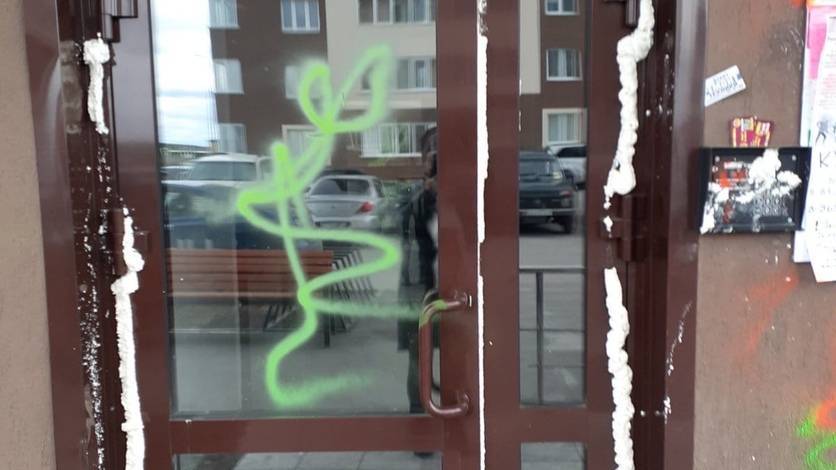 Тюменские хулиганы залили монтажной пеной дверь подъезда на улице Фармана Салманова